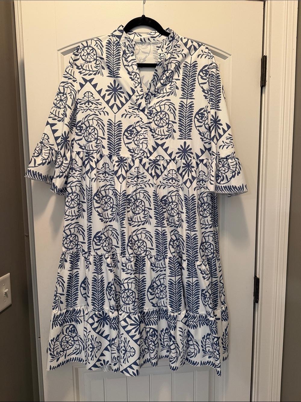 Blue and White Printed Women's Tiered Dress